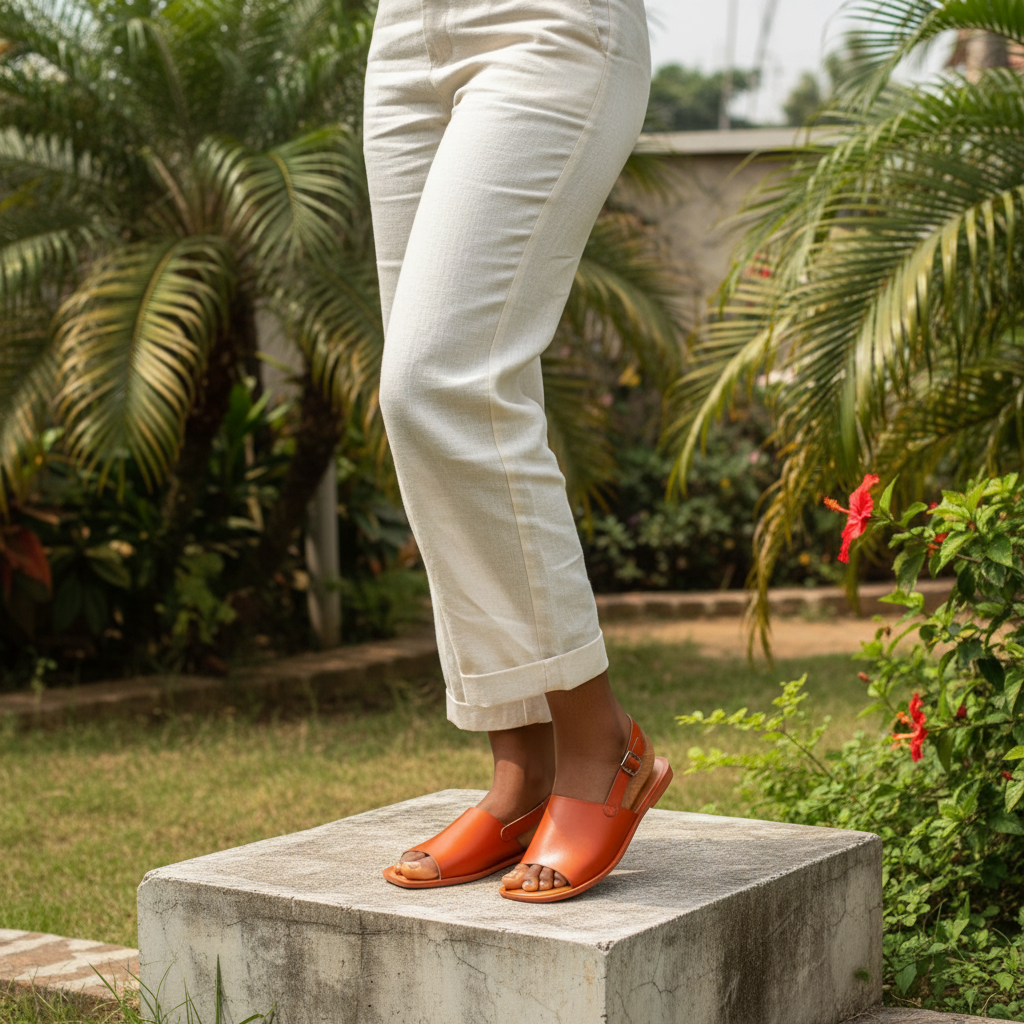 Nigerian female model wearing orange open-toe slingback sandals – leg focus street style