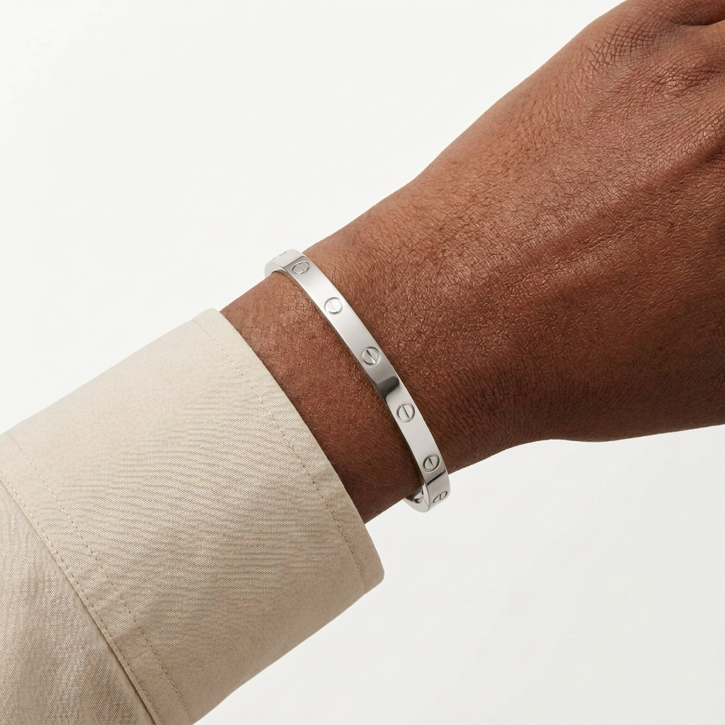 AI silver-colour illustration of bracelet on a Black adult wrist