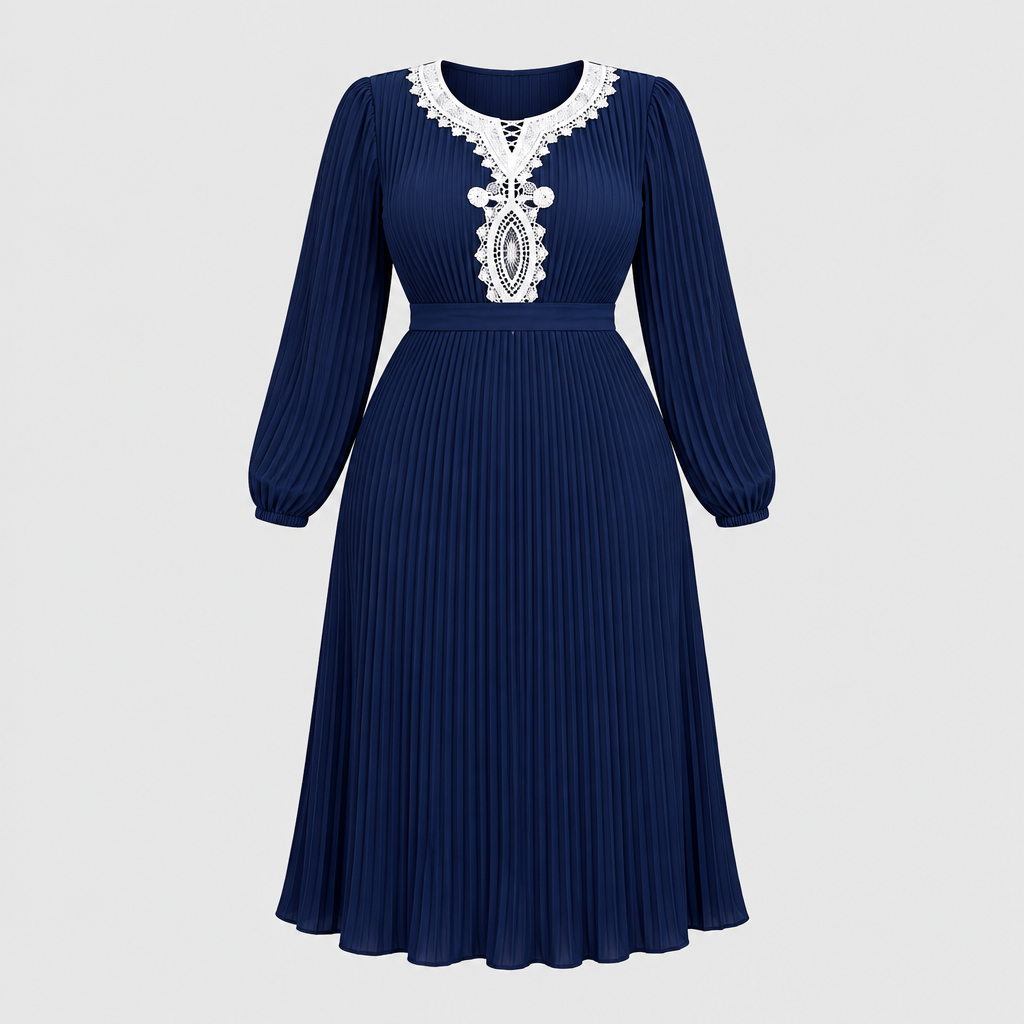 Navy blue pleated midi dress with white lace detail