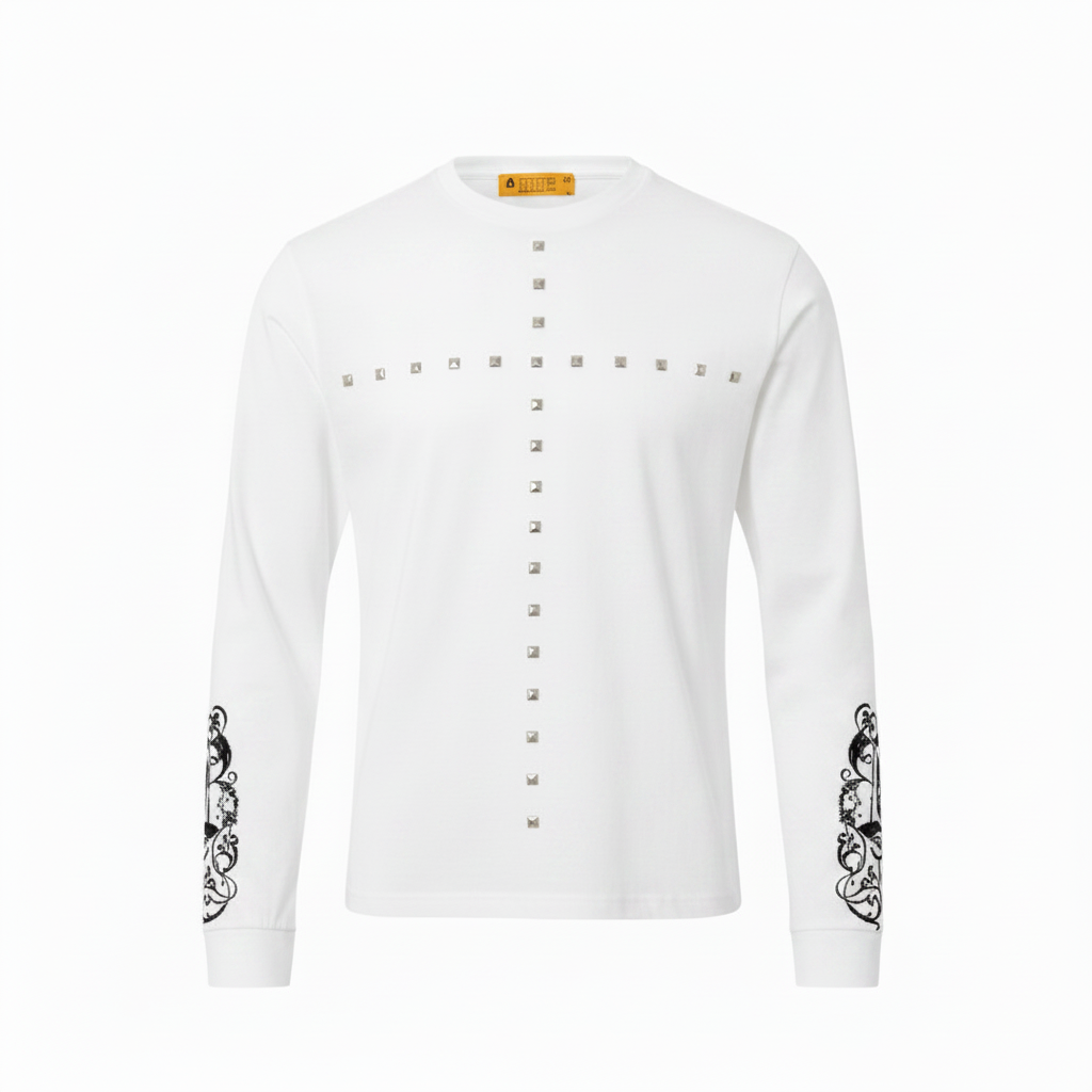 White studded cross long sleeve tee front view