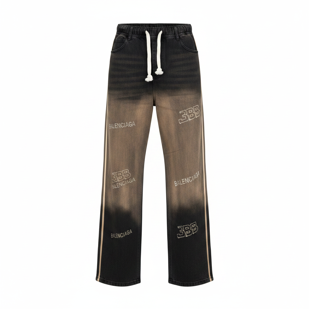 Men's black gradient washed graphic side-stripe wide-leg denim jeans ghost mannequin view