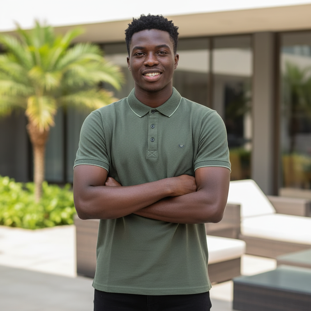 Young Black Nigerian male model wearing olive green contrast collar polo shirt