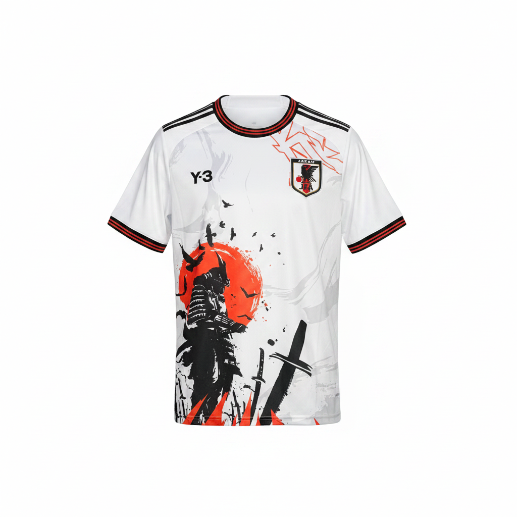 Men's white ink-wash samurai rising sun football jersey ghost mannequin front view