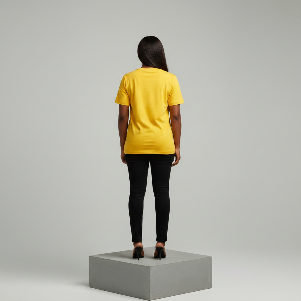 Nigerian female model back view wearing plain golden yellow T-shirt with black trousers - consistent model