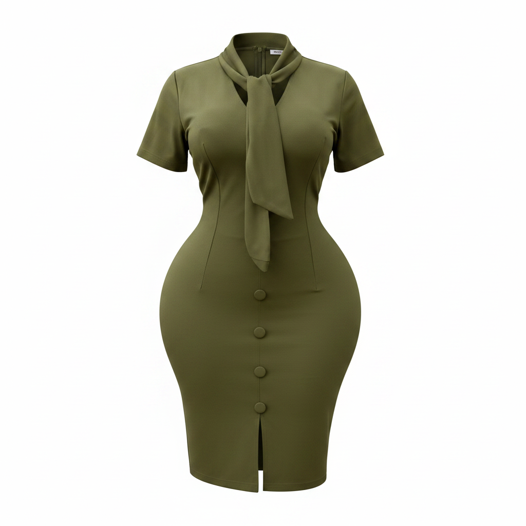 Ghost mannequin view of women's olive green pussy bow neck bodycon midi dress