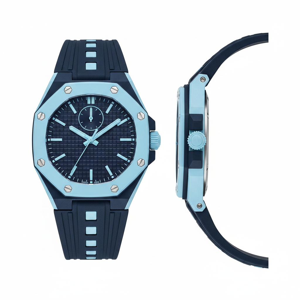 Unisex navy blue octagonal pop watch with solid textured dial and light blue bezel, front and side view