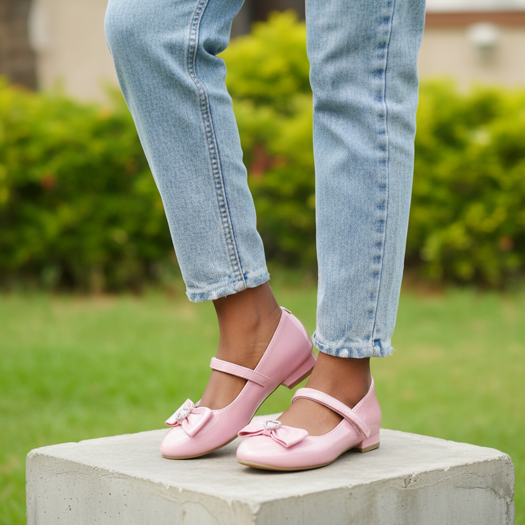Nigerian female model wearing pink patent leather Mary Jane shoes