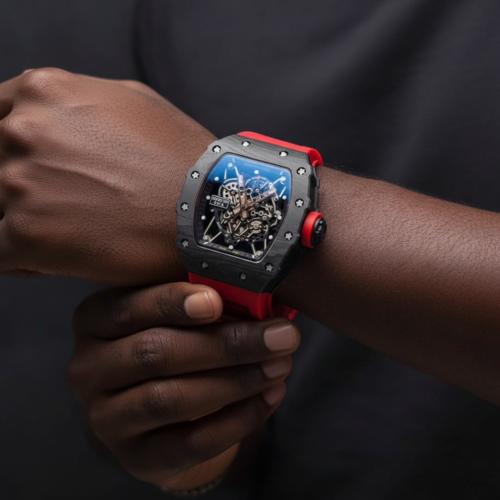 Nigerian man wearing carbon TPT skeleton sports watch with red rubber strap, wrist close-up