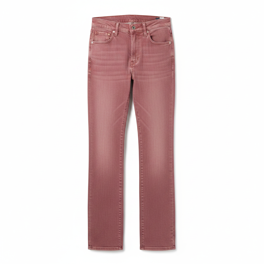 Brick red denim jeans on ghost mannequin, white background