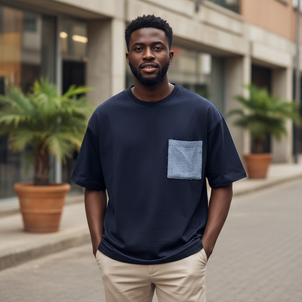 Navy Blue Contrast Pocket T-Shirt – Model Shot