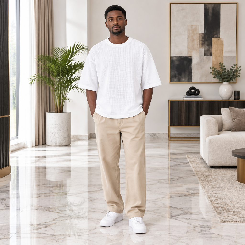 Man wearing white textured waffle-knit oversized tee