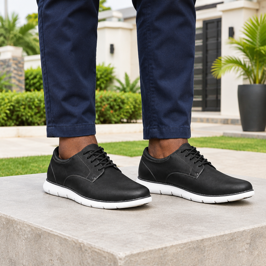 Man wearing black lace-up casual shoes with navy chinos