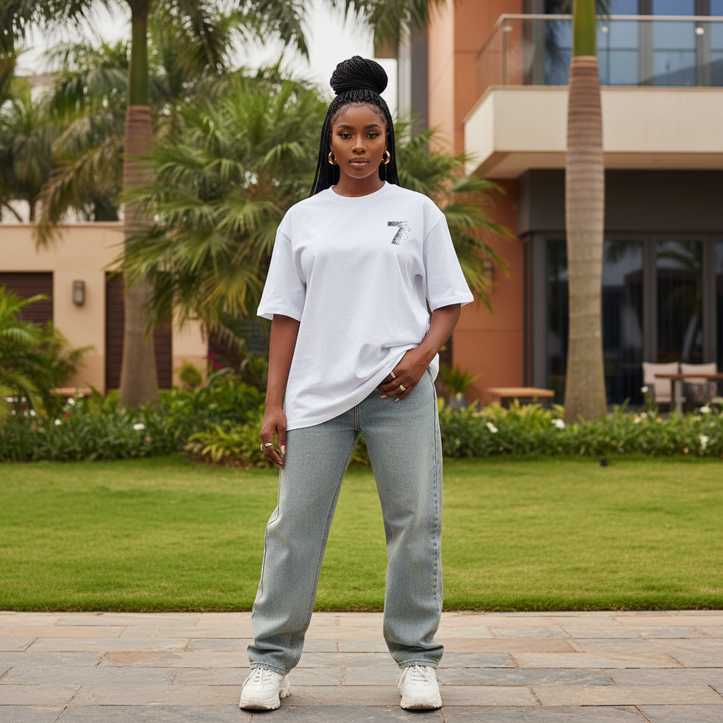 Nigerian female model wearing white airplane number 7 graphic oversized tee – front view