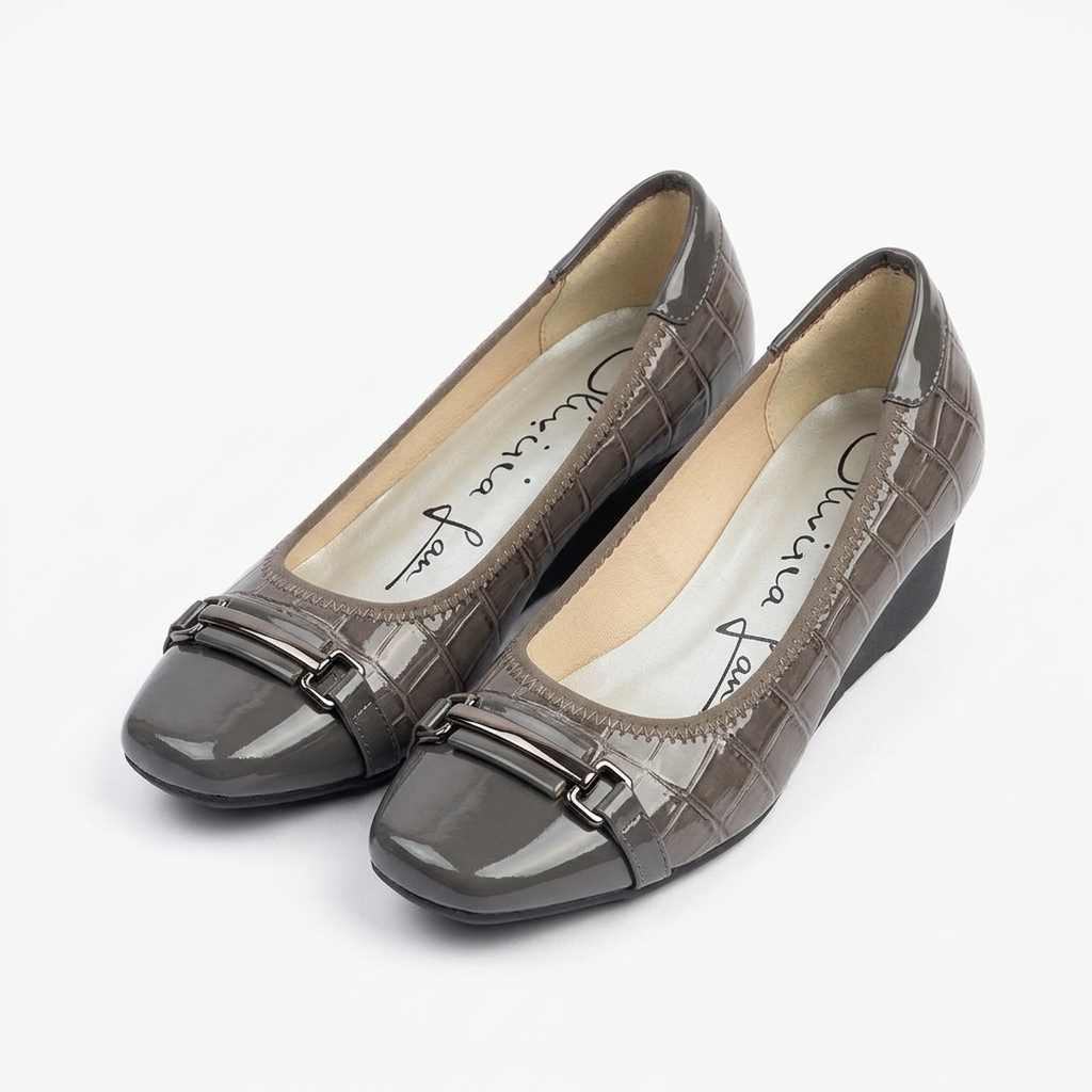 Matching grey square-toe bar-detail wedge shoes