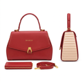 Red and cream handbag front and side views with matching wallet and shoulder strap