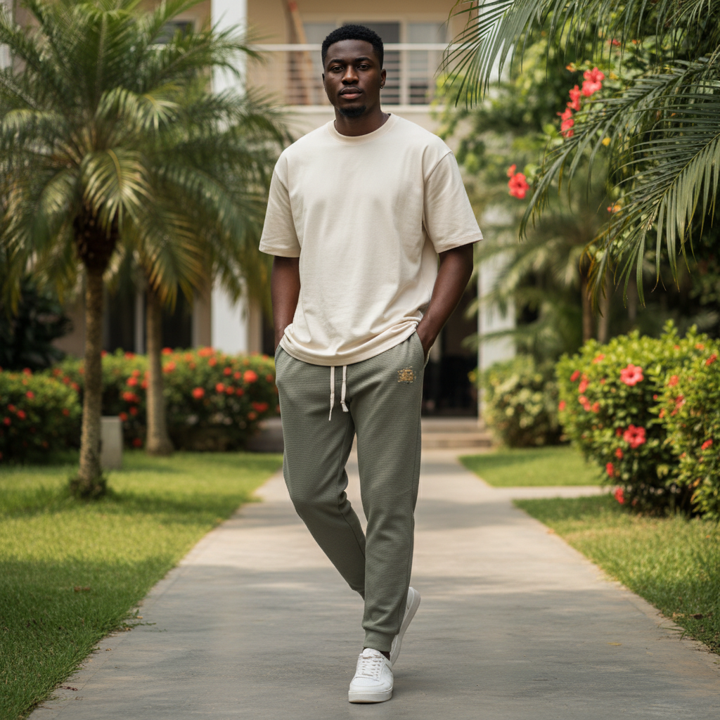 Nigerian male model wearing sage green waffle patch jogger pants