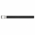 Black textured belt with silver-tone rectangular buckle on white