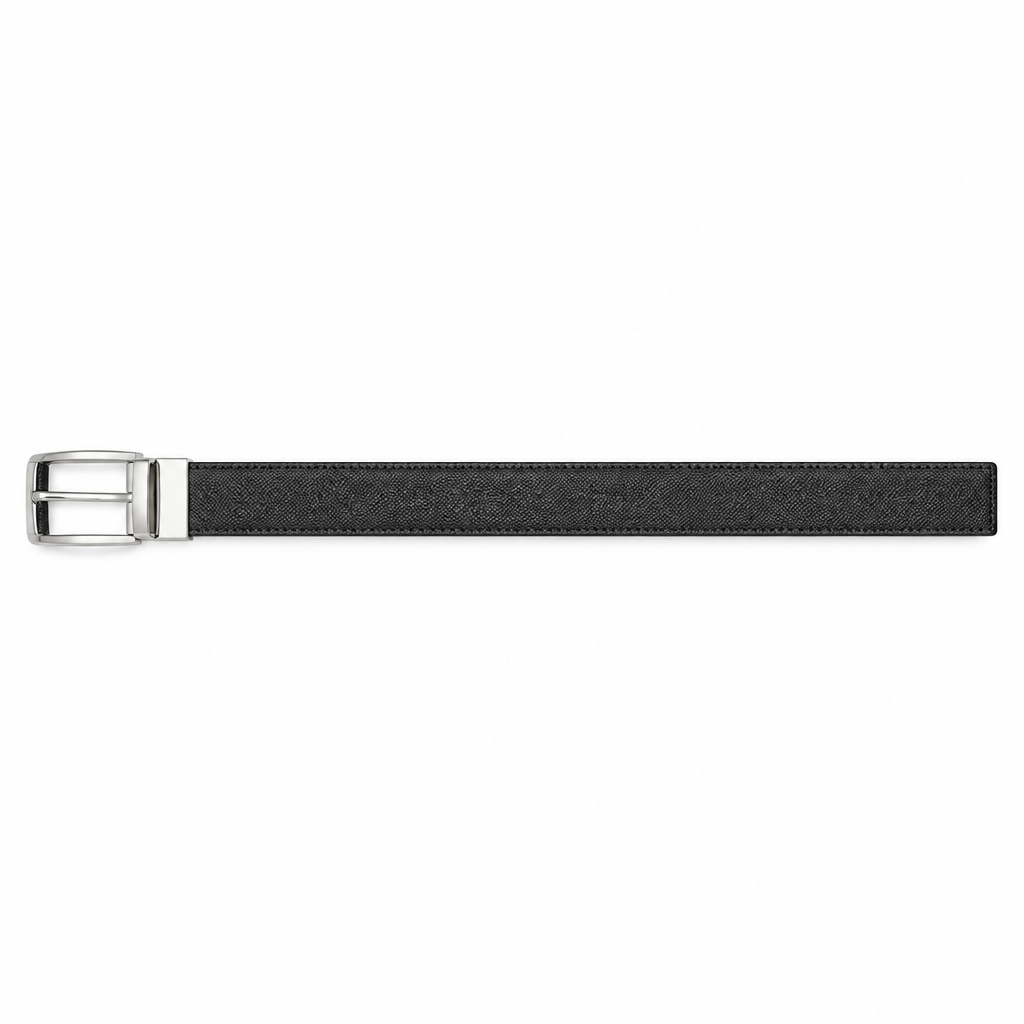 Black textured belt with silver-tone rectangular buckle on white