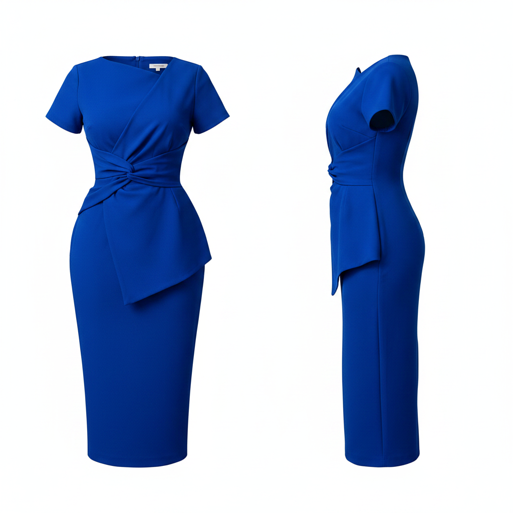 Women's Royal Blue Asymmetric Knot-Waist Bodycon Midi Dress – Ghost Mannequin Front and Side View