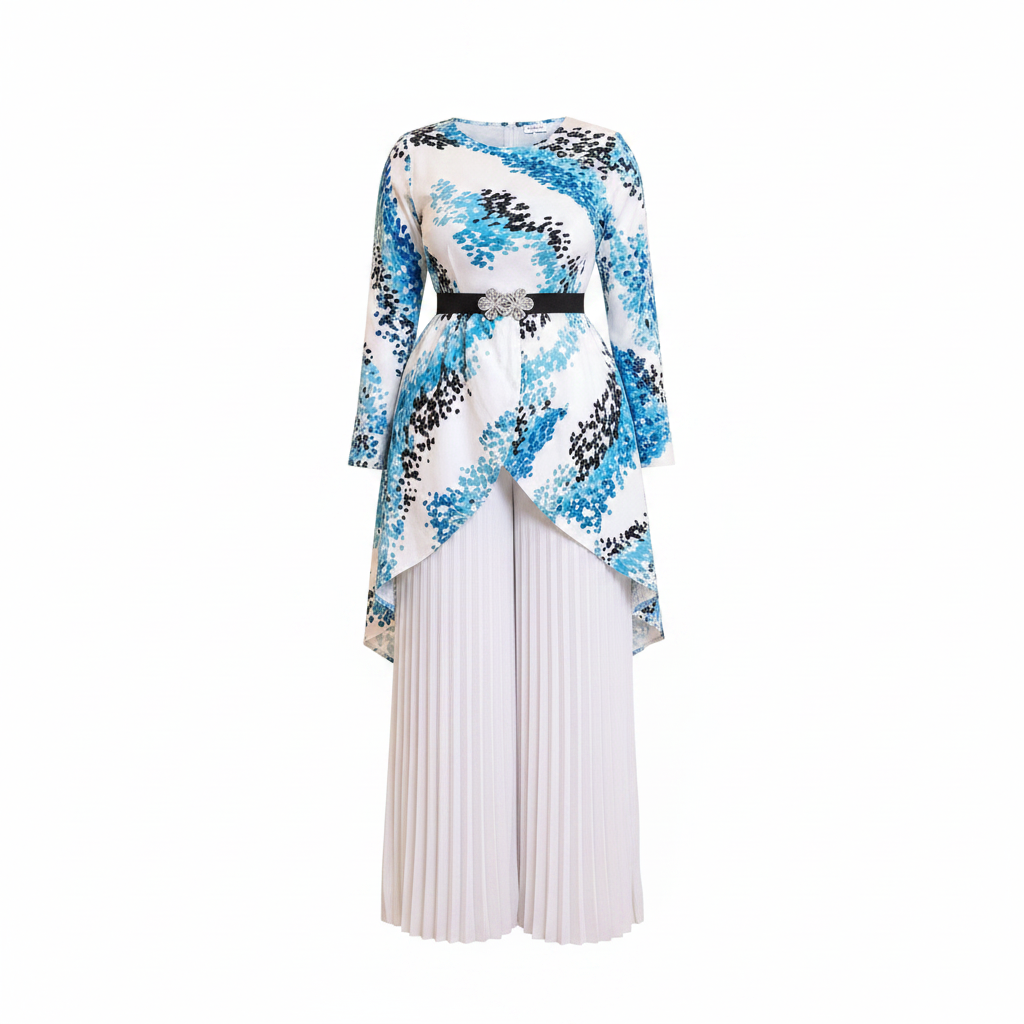 Women's blue abstract print asymmetric top and white pleated trousers co-ord set ghost mannequin