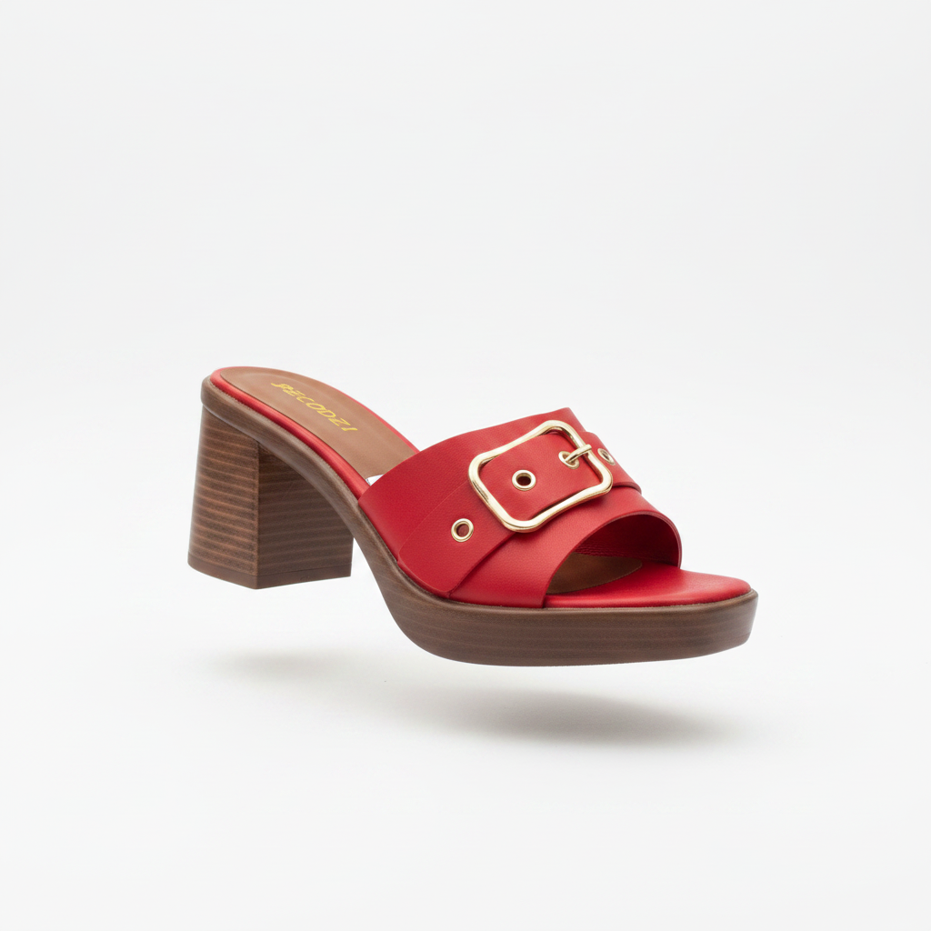 Women's Red Block Heel Buckle Mule - Ghost Mannequin