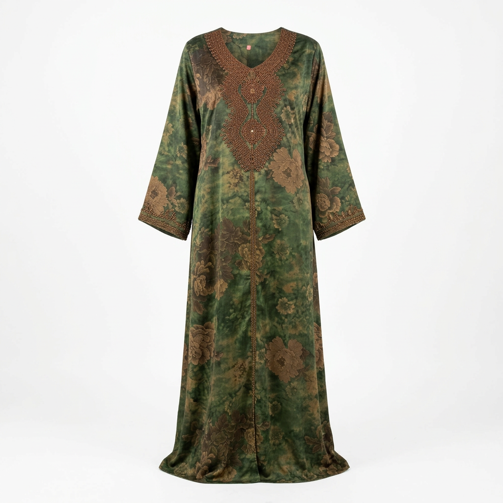 Olive floral ornate-neckline abaya ghost mannequin catalogue image