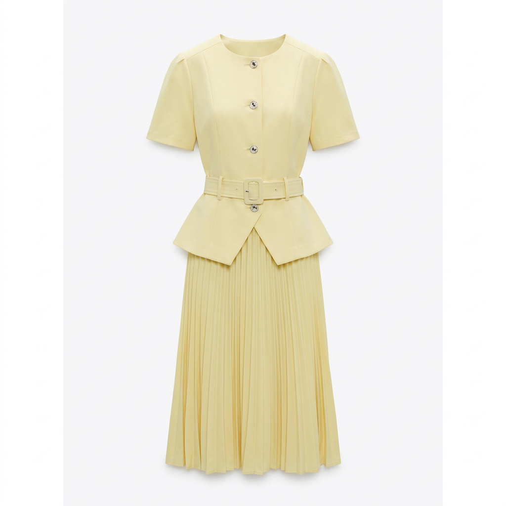 Pale-yellow belted peplum top and pleated skirt set, product view