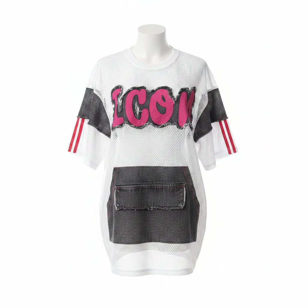 White Mesh Pink Graffiti Denim Patch Oversized Top - Ghost Mannequin Front View