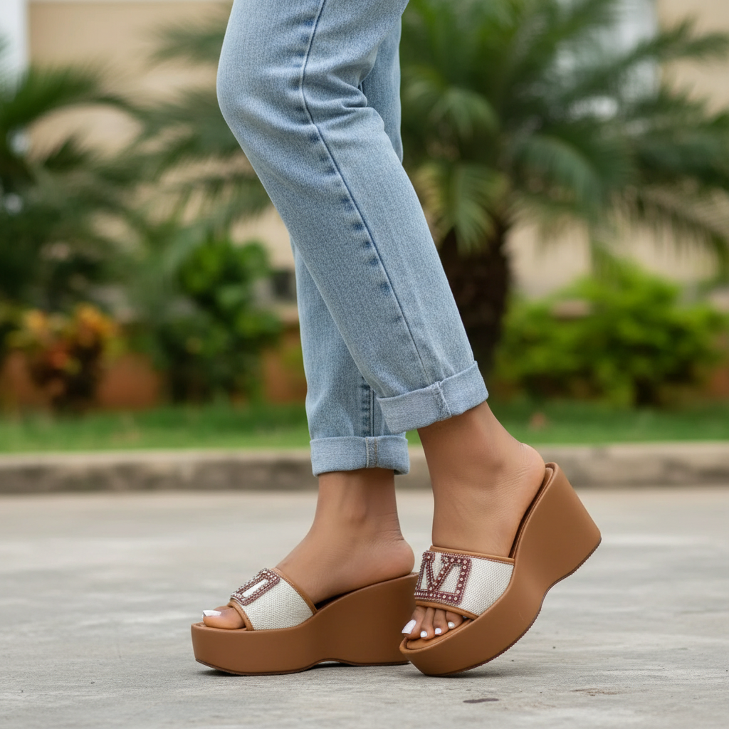 Nigerian female model Gen Z style wearing tan rhinestone buckle wedge slide slipper — leg focus