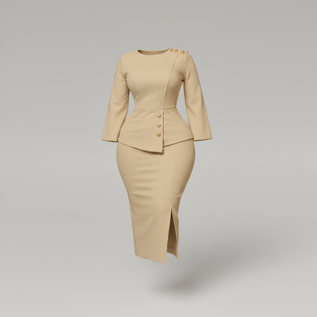 Ghost mannequin view of the cream peplum skirt suit with gold buttons