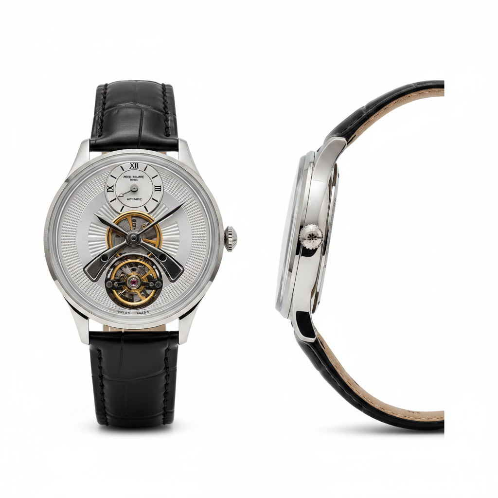 Men's silver guilloche skeleton watch – front and side ghost mannequin view