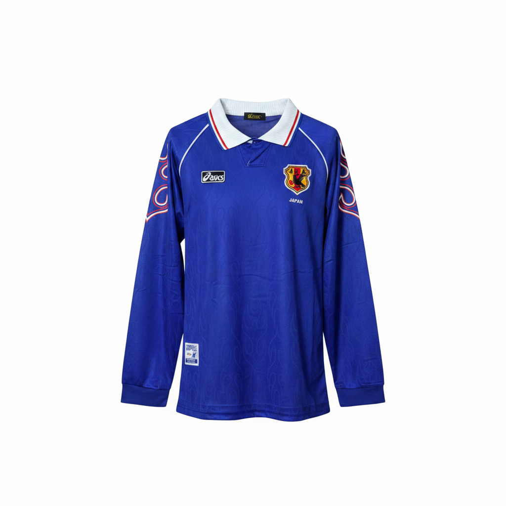 Royal blue long-sleeve retro football jersey with flame sleeve detail and white polo collar, ghost mannequin front view