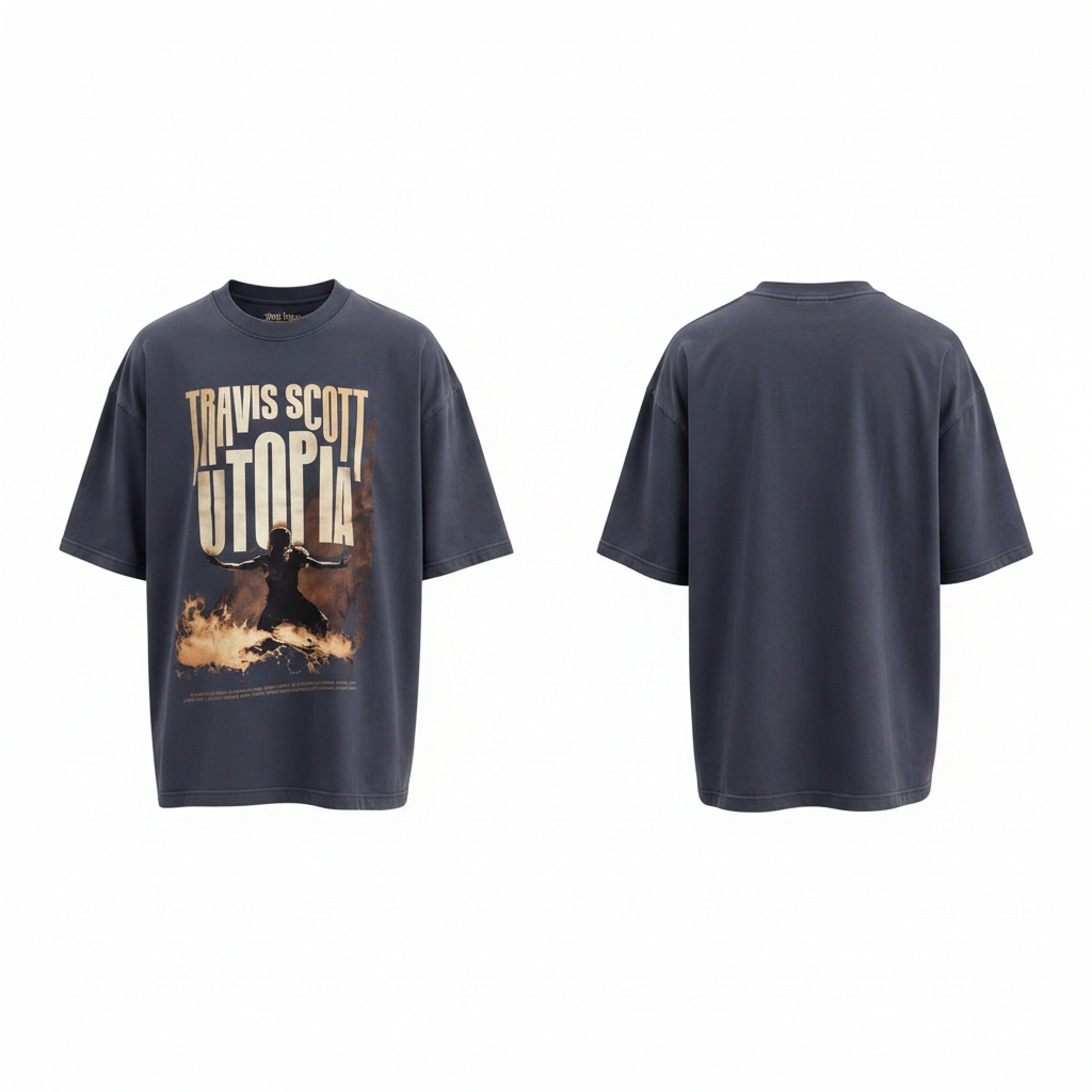 Men's Charcoal Blue Oversized Utopia Graphic Tee – Ghost Mannequin Front and Back View