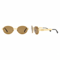 Women's oval round sunglasses with gold frame and brown amber lenses – front and side ghost mannequin view on white background