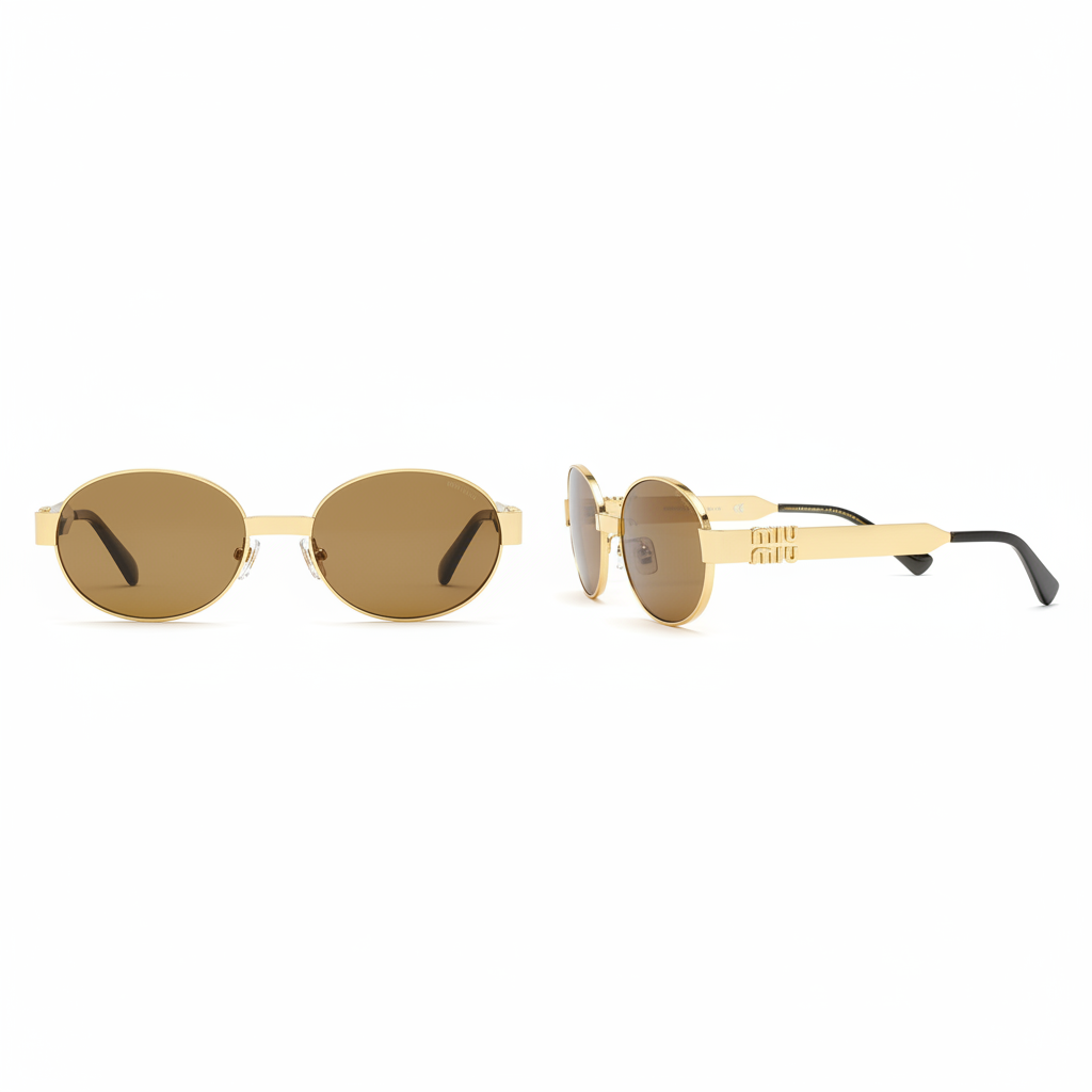Women's oval round sunglasses with gold frame and brown amber lenses – front and side ghost mannequin view on white background