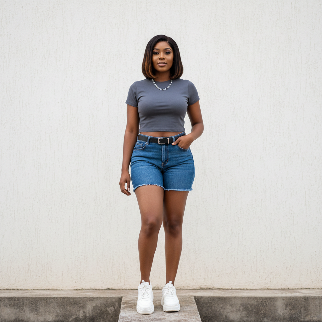 Women's Plain Fitted Crew-Neck Crop Tee - Nigerian Female Model