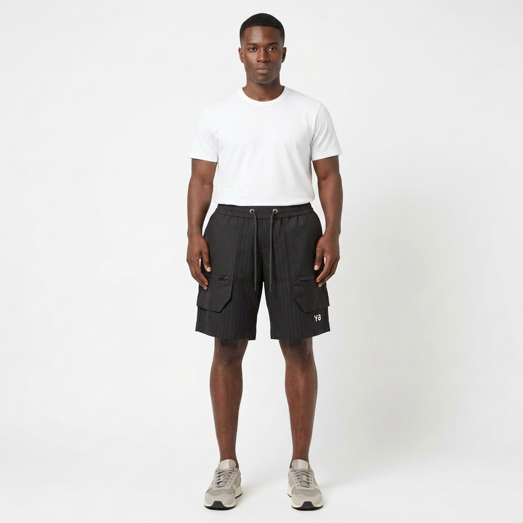 Full-body model wearing black pinstripe cargo shorts