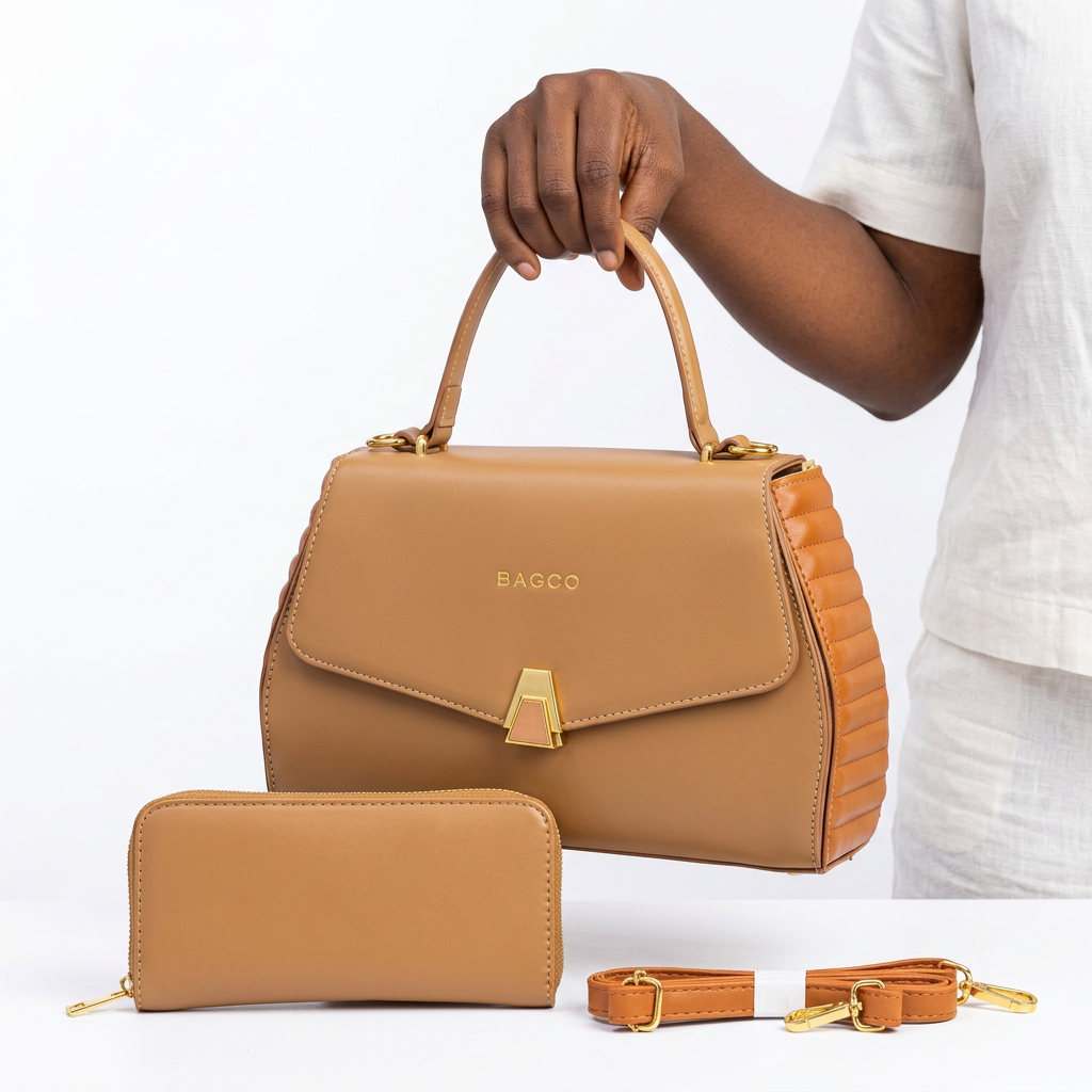 Hand holding a tan gold-clasp handbag with matching wallet and strap