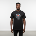 Black male model wearing a black melting vinyl record graphic T-shirt