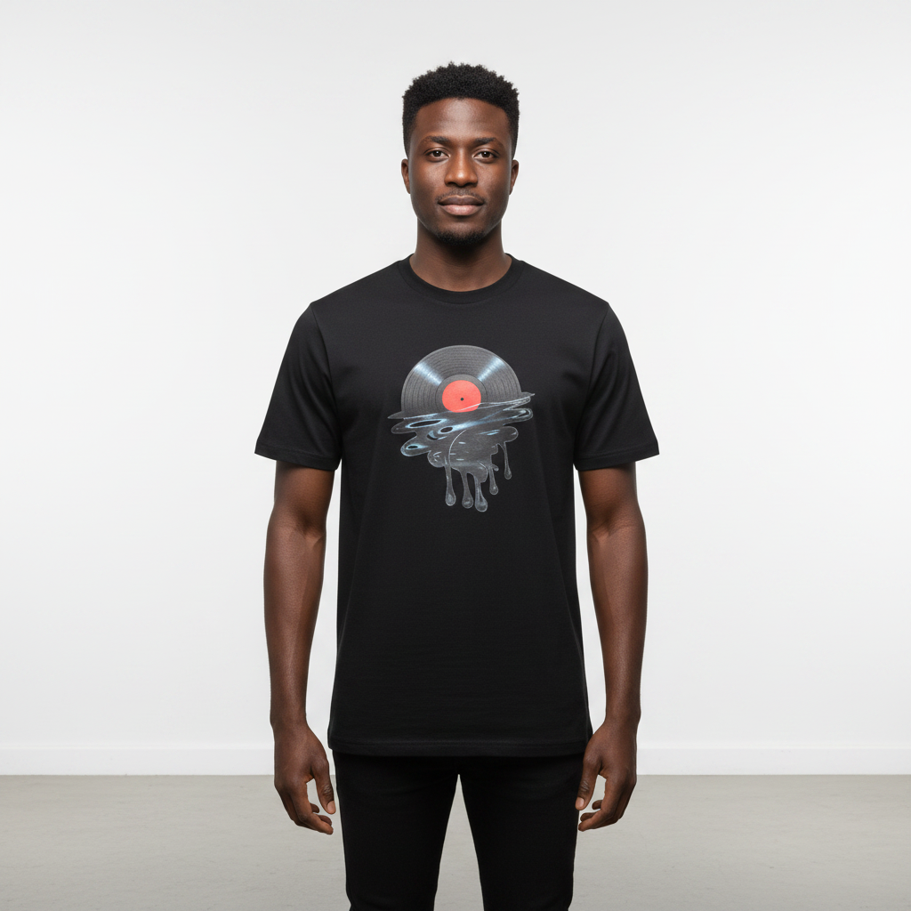 Black male model wearing a black melting vinyl record graphic T-shirt