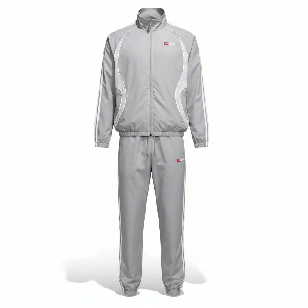 Ghost mannequin view of the grey and white two-piece tracksuit