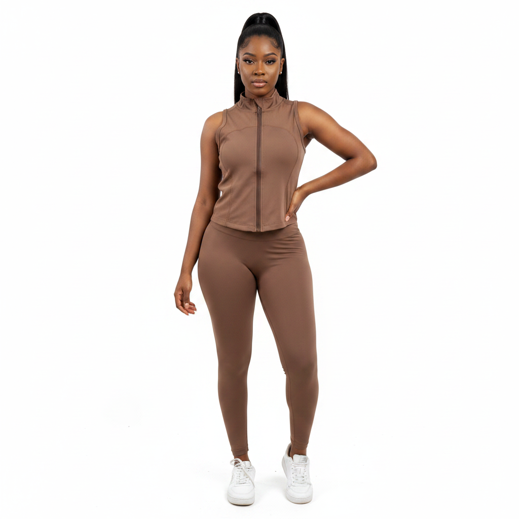 Mocha Brown Sleeveless Zip-Up Activewear Vest – Model Shot