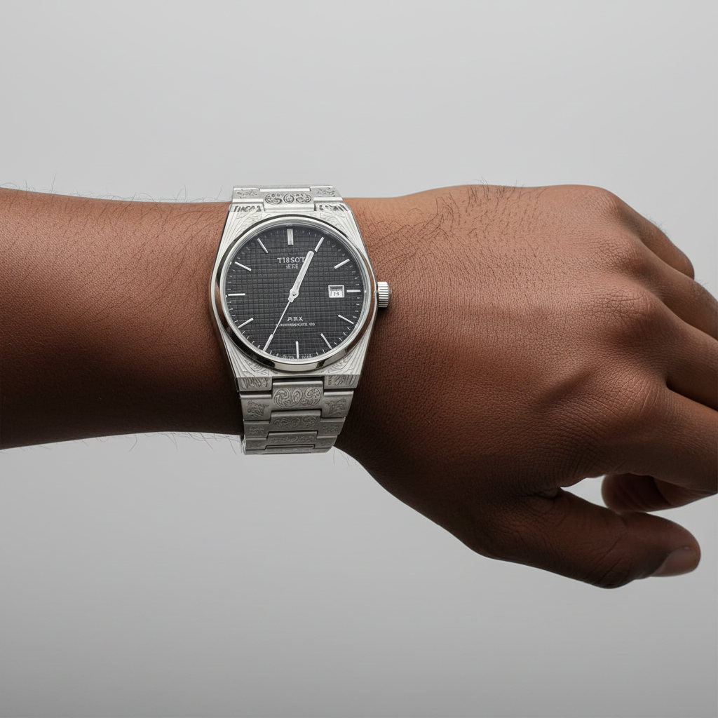 Nigerian male wrist wearing silver engraved black tapisserie dial dress watch