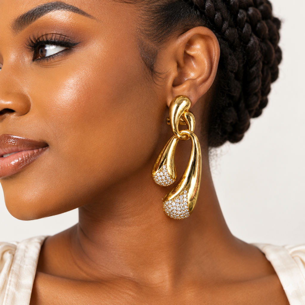 Gold Sculptural Teardrop Crystal Pave Drop Earrings – Model Shot
