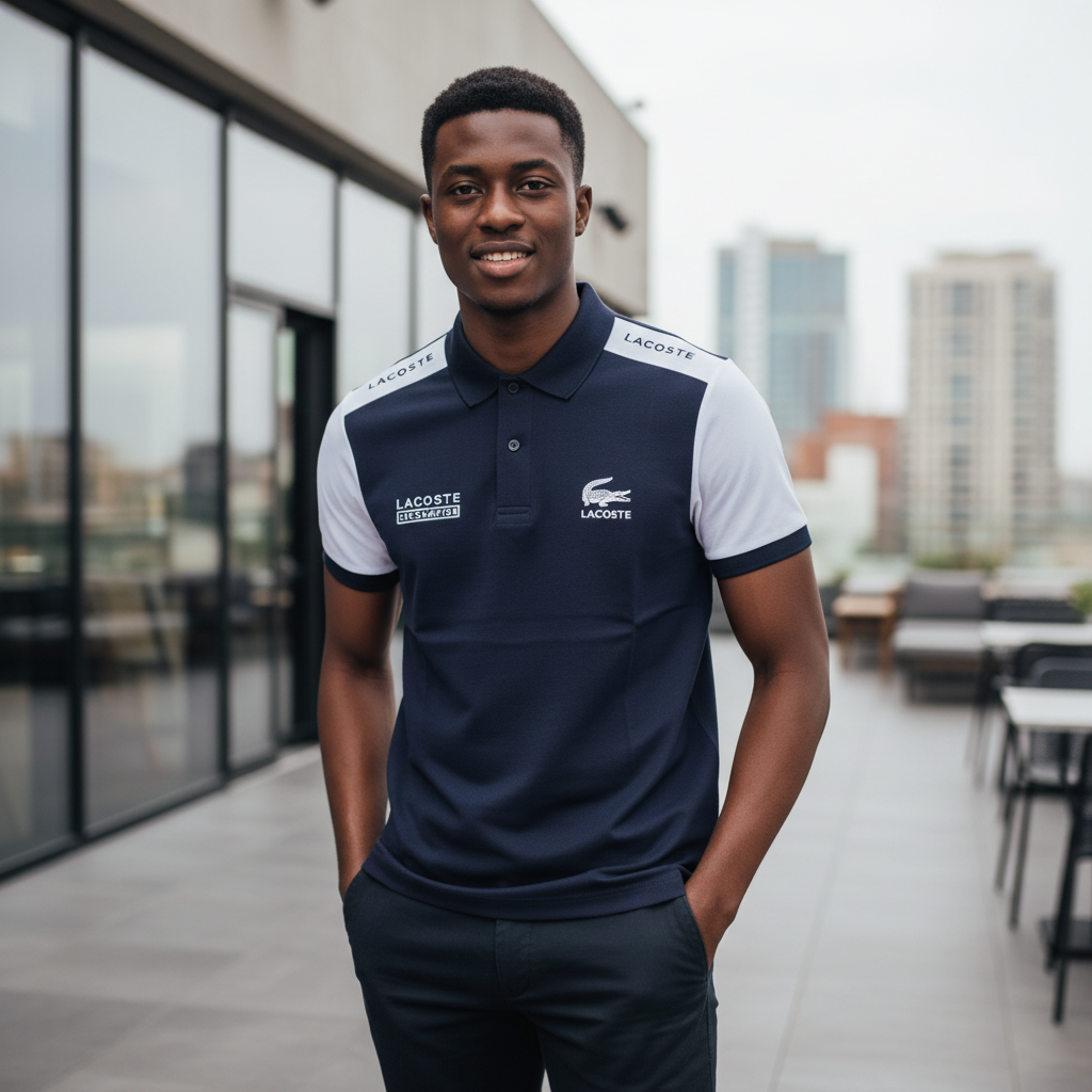 Nigerian male model wearing navy and white colour-block polo shirt