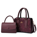 Burgundy patterned tote and matching flap handbag on white background
