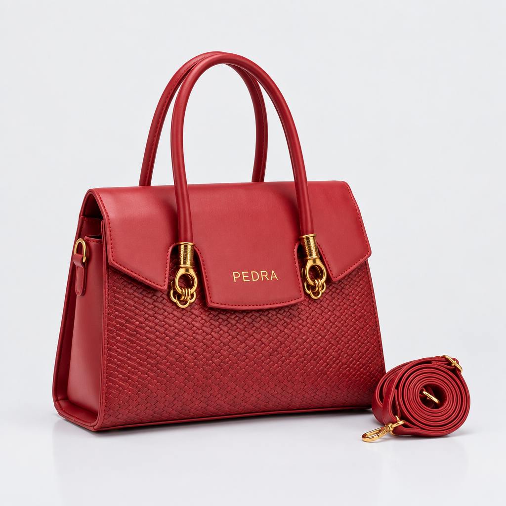 Red textured double-handle handbag with matching shoulder strap