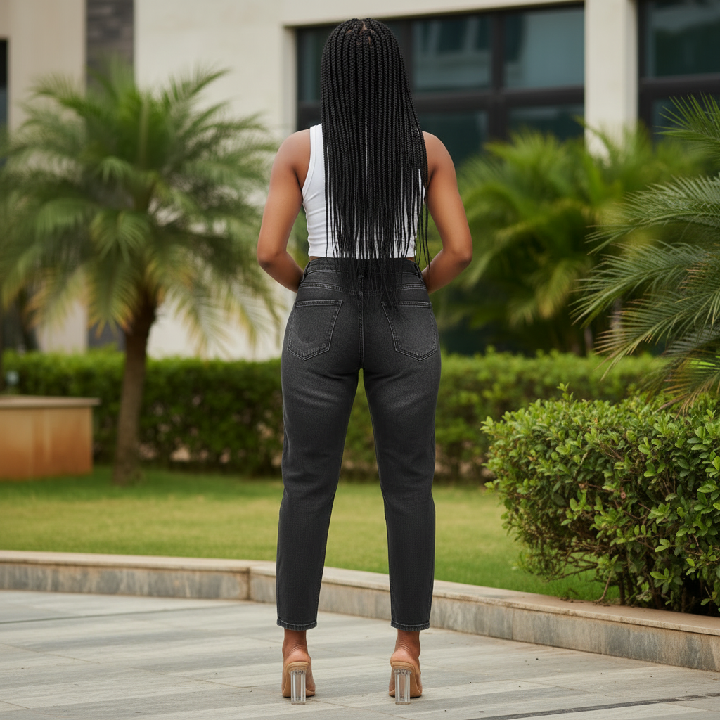 Washed Black High-Waist Straight Jeans - Back Model