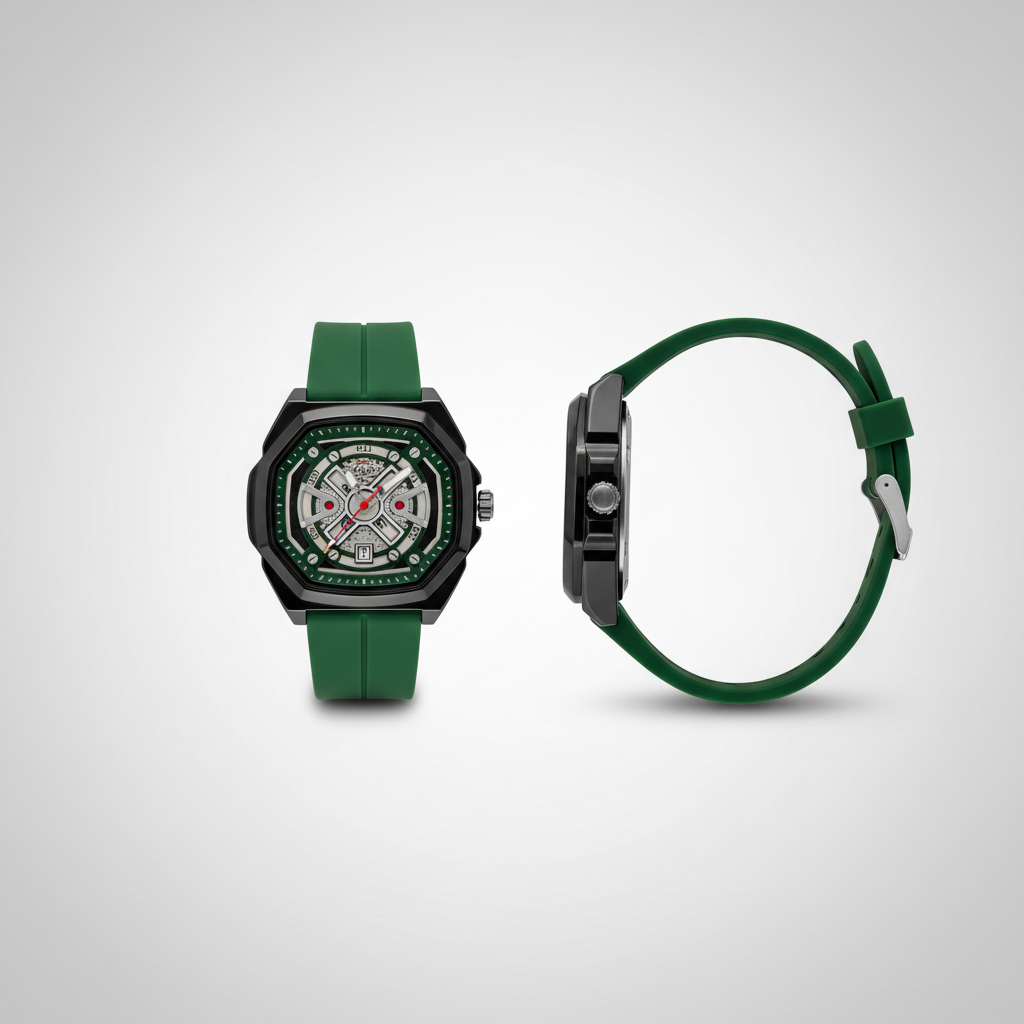 Green skeleton-style wristwatch shown from the front and side