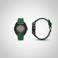 Green skeleton-style wristwatch shown from the front and side